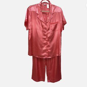 NEW Adonna Women's Shell Pink Polka Dot PJ Set Top Pants Satin Short Sleeve XL